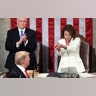 President Donald Trump turns to House Speaker Nancy Pelosi and Vice President Mike Pence as he delivers his State of the Union address to a joint session of Congress on Capitol Hill in Washington, Feb. 5, 2019. 
