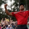 Tiger Woods reacts after winning the Masters golf tournament in Augusta, Georgia, April 14, 2019.