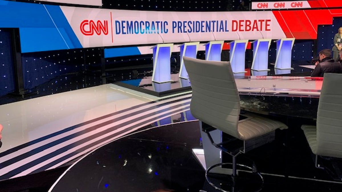 The debate stage at the CNN/Des Moines Register debate ahead of the showdown, on Tuesday, Jan. 14, 2019, in Des Moines, Iowa