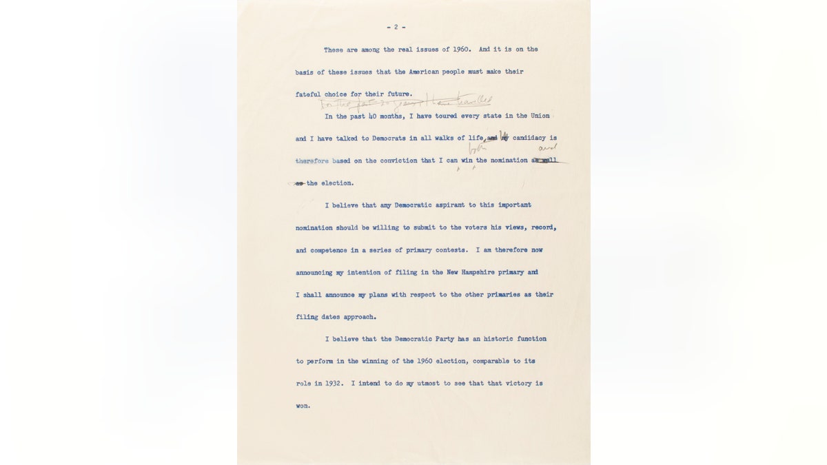 The original, annotated speech in which JFK announced his intention to run for the Presidency in 1960 is on offer, alongside a selection of his watercolors, a worn back brace and numerous photographs and letters.(Credit: SWNS)