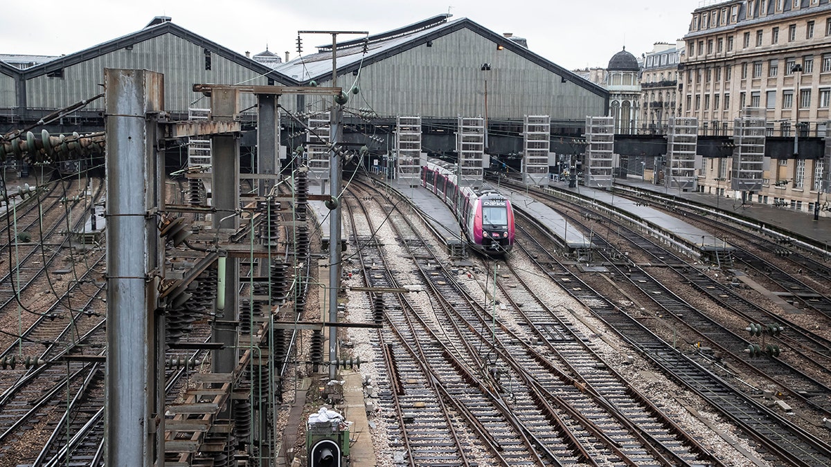 A train is picture at Gare Saint Lazar train station during the 29th day of transport strikes in Paris, Thursday, Jan. 2, 2020. 