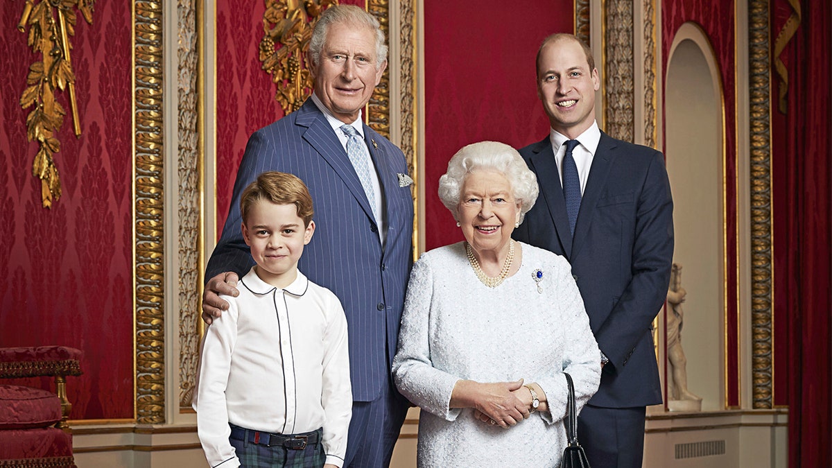 In this handout photo provided by Buckingham Palace and taken Wednesday, Dec. 18, 2019, Britain's Queen Elizabeth, Prince Charles, Prince William and Prince George pose for a photo to mark the start of the new decade in the Throne Room of Buckingham Palace, London. This is only the second time such a portrait of the monarch and the next three in line to the throne has been released, the first was in April 2016 to celebrate Her Majesty's 90th birthday.