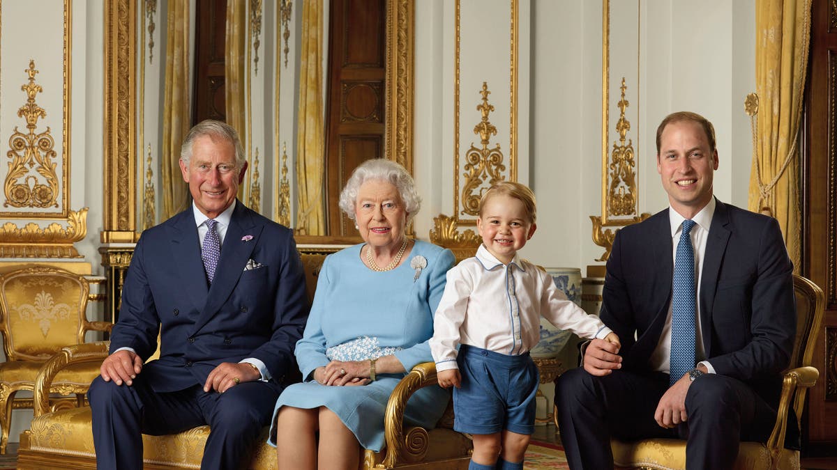 In this file handout photo provided by Buckingham Palace and released in 2016, Queen Elizabeth, Prince Charles, Prince William and Prince George pose for a photo to mark the Queen's 90th birthday, in the White Drawing Room at Buckingham Palace, London. 