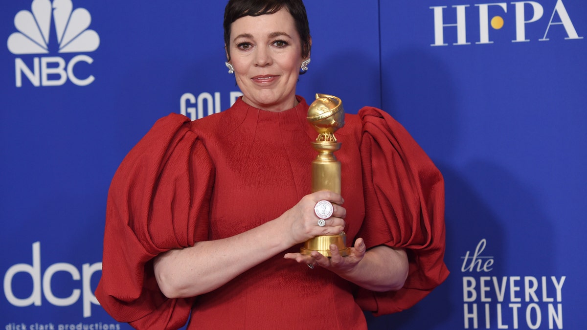 Olivia Colman poses in the press room with the award for best performance by an actress in a television series, drama for "The Crown" at the 77th annual Golden Globe Awards at the Beverly Hilton Hotel on Sunday, Jan. 5, 2020, in Beverly Hills, Calif.