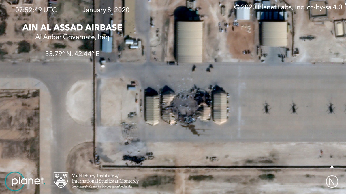 This satellite image provided on Wednesday, Jan. 8, 2020, by Middlebury Institute of International Studies and Planet Labs Inc. shows the damage caused from an Iranian missile strike at the Ain al-Asad air base in Iraq. Iran's actions were in response to the U.S. killing of Revolutionary Guard Gen. Qassem Soleimani. (Planet Labs Inc./Middlebury Institute of International Studies via AP)