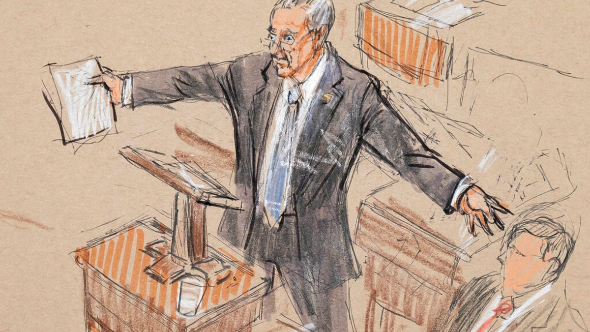 This artist sketch depicts Senate Minority Leader Chuck Schumer, D-N.Y., speaking in the Senate chamber during the impeachment trial against President Donald Trump on charges of abuse of power and obstruction of Congress, at the Capitol in Washington, Tuesday, Jan. 21, 2020. (Dana Verkouteren via AP)