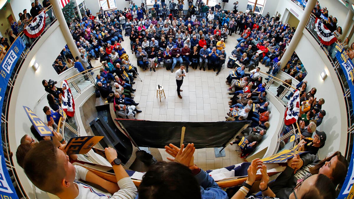 Pete Buttigieg speaking at the University of Dubuque in Dubuque, Iowa, this past Wednesday. (AP Photo/Gene J. Puskar)