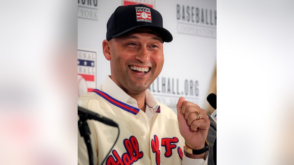 New York Yankees shortstop Derek Jeter speaks during a Baseball Hall of Fame press conference on Wednesday in New York. Jeter and Larry Walker will both join the 2020 Hall of Fame class. (AP Photo/Bebeto Matthews)