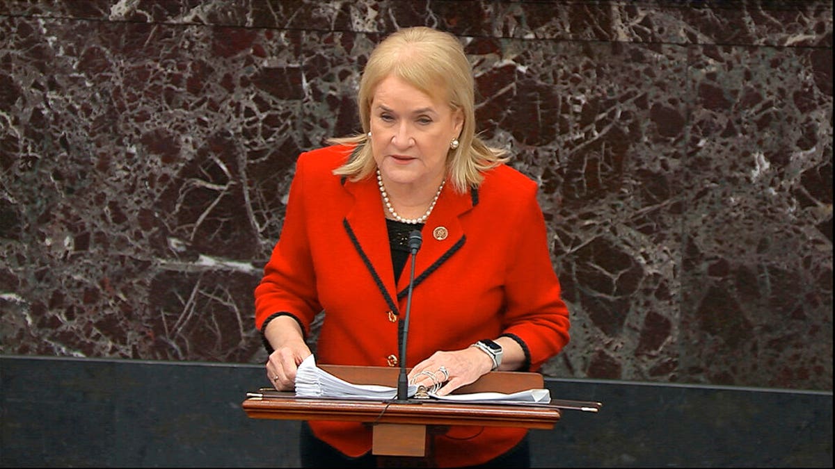 In this image from video, House impeachment manager Rep. Sylvia Garcia, D-Texas, speaks during the impeachment trial against President Donald Trump in the Senate at the U.S. Capitol in Washington, Thursday, Jan. 23, 2020. Garcia called on Biden to boost domestic energy supplies. (Senate Television via AP)