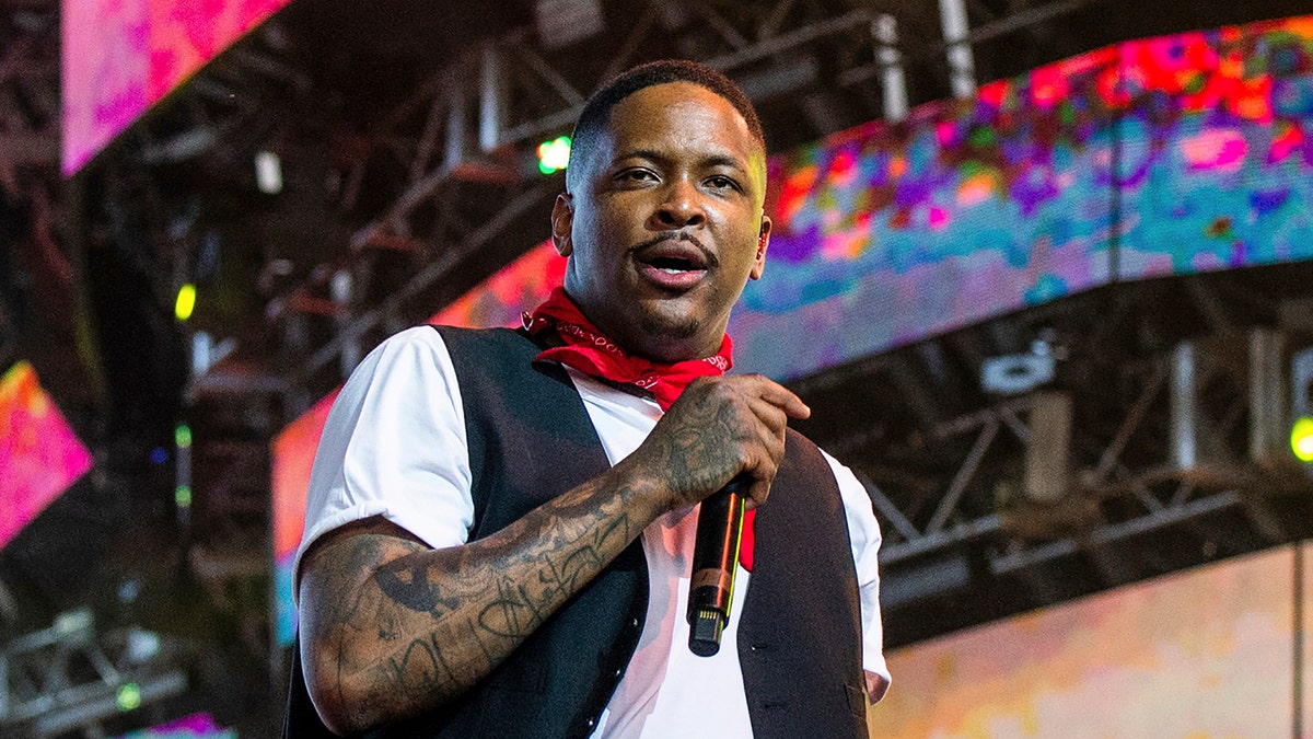 FILE - In this April 14, 2019, file photo, rapper YG performs at the Coachella Music &amp; Arts Festival in Indio, Calif. YG, whose real name is Keenon Jackson ,was arrested Friday, Jan. 24, 2020, at his Los Angeles home on suspicion of robbery just two days before he is scheduled to perform at the Grammy Awards, officials said. 