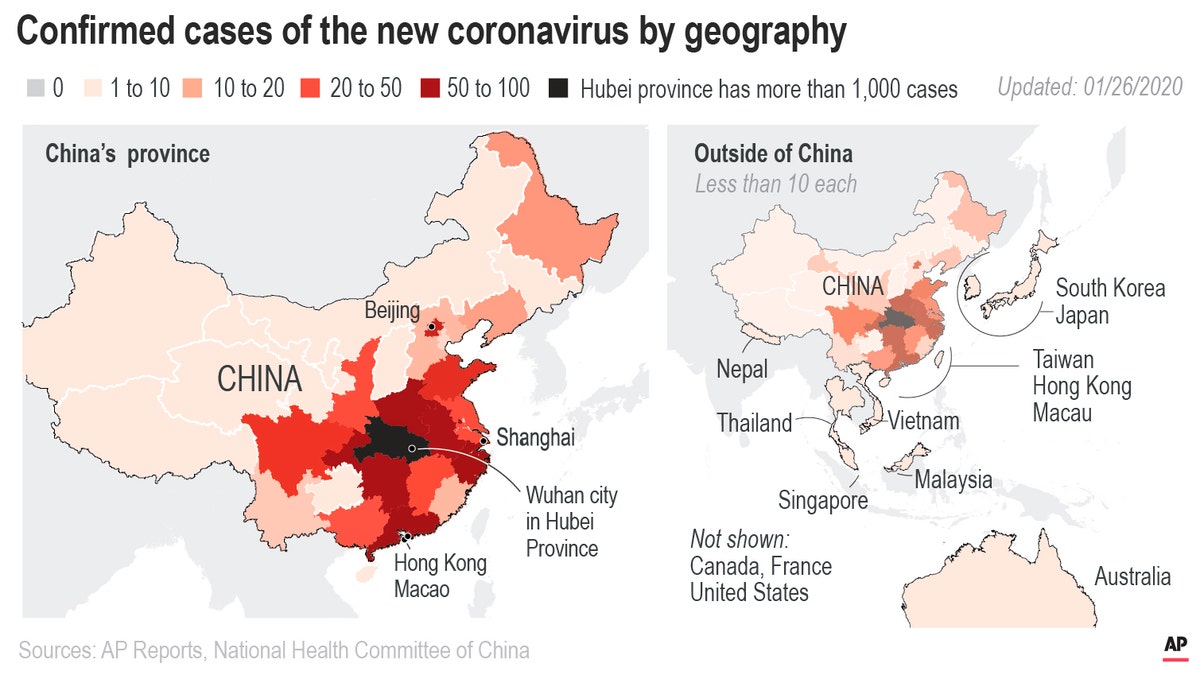 Map highlights areas with cases of the new coronavirus.;