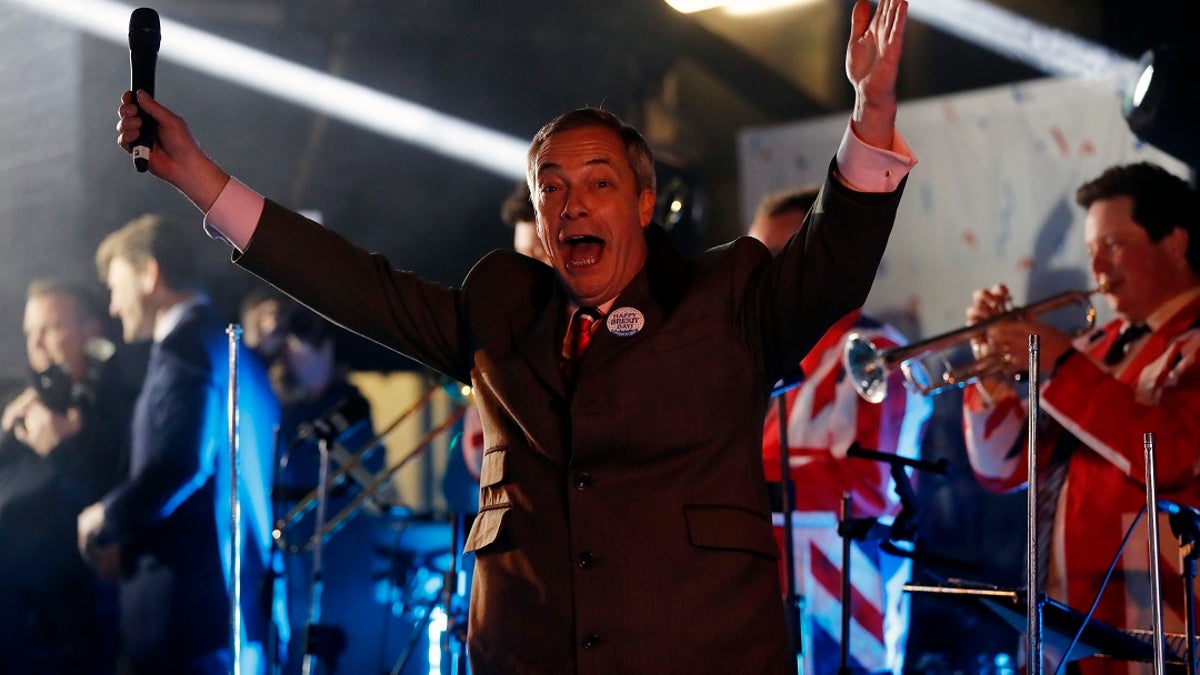 Brexit Party leader Nigel Farage celebrates during a rally in London on Friday(AP Photo/Frank Augstein)