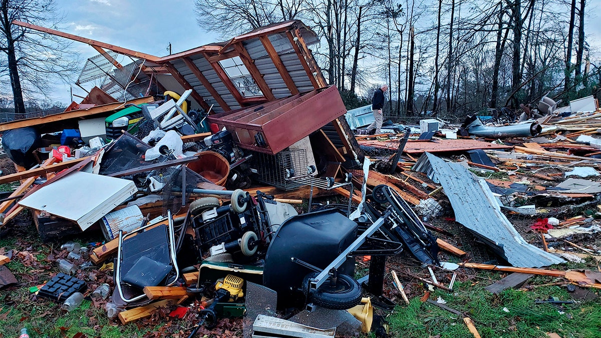 This photo provided by Bossier Parish Sheriff's Office shows damage from Friday nights severe weather, including the home of an elderly in Bossier Parish, La., on Saturday, Jan. 11, 2020. (Lt. Bill Davis/Bossier Parish Sheriff's Office via AP)