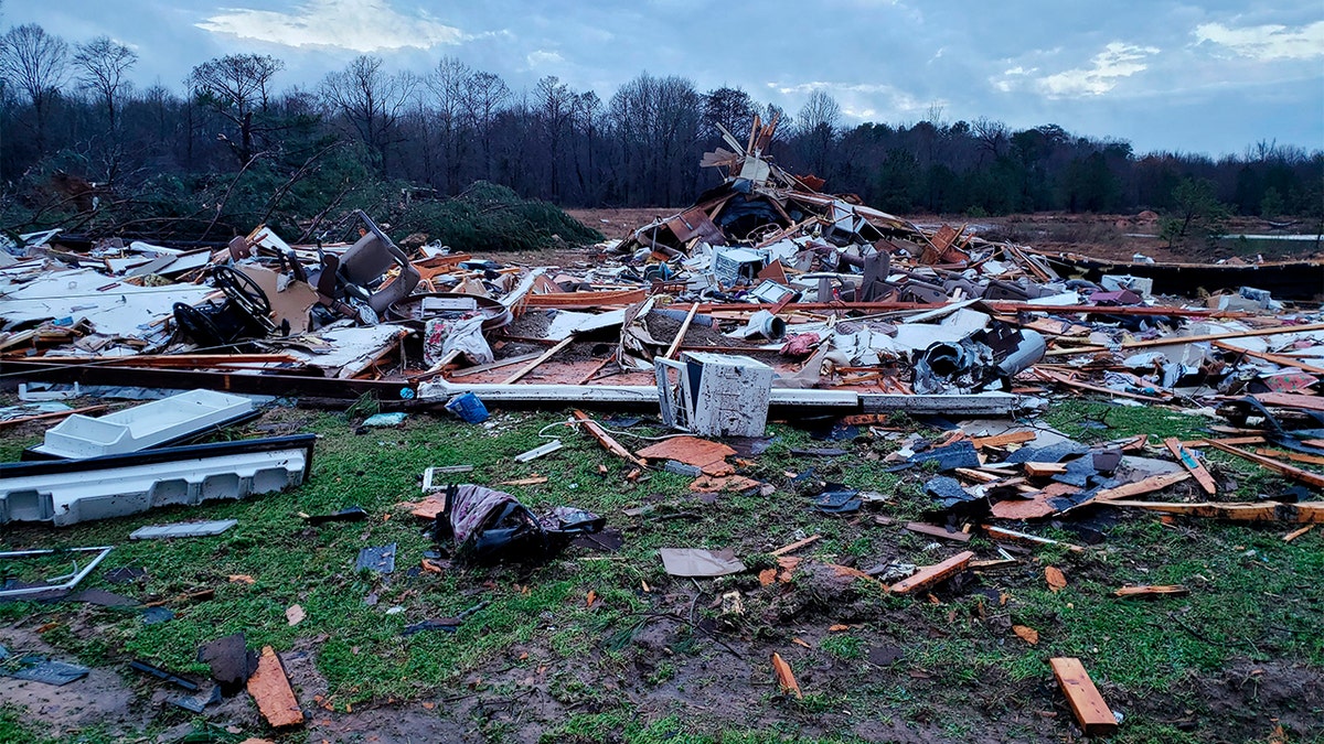 This photo provided by Bossier Parish Sheriff's Office shows damage from Friday nights severe weather, including the home of an elderly in Bossier Parish, La., on Saturday, Jan. 11, 2020. (Lt. Bill Davis/Bossier Parish Sheriff's Office via AP)