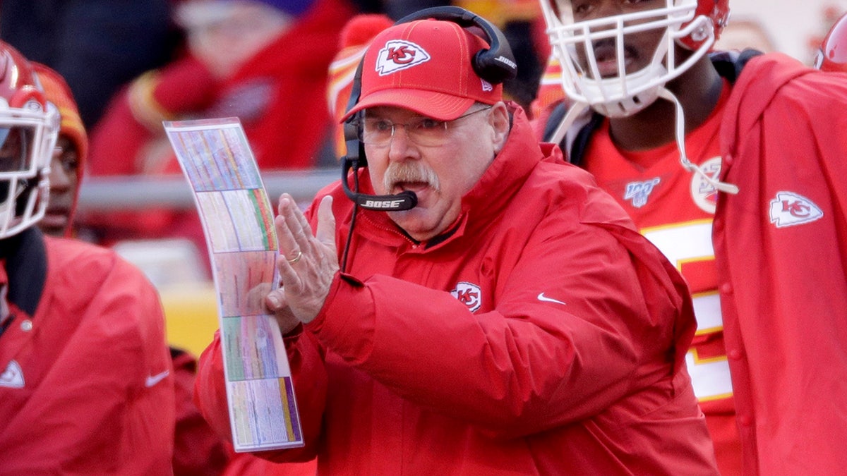 Kansas City Chiefs head coach Andy Reid reacts during the first half of the NFL AFC Championship football game against the Tennessee Titans Sunday, Jan. 19, 2020, in Kansas City, MO. (AP Photo/Charlie Riedel)