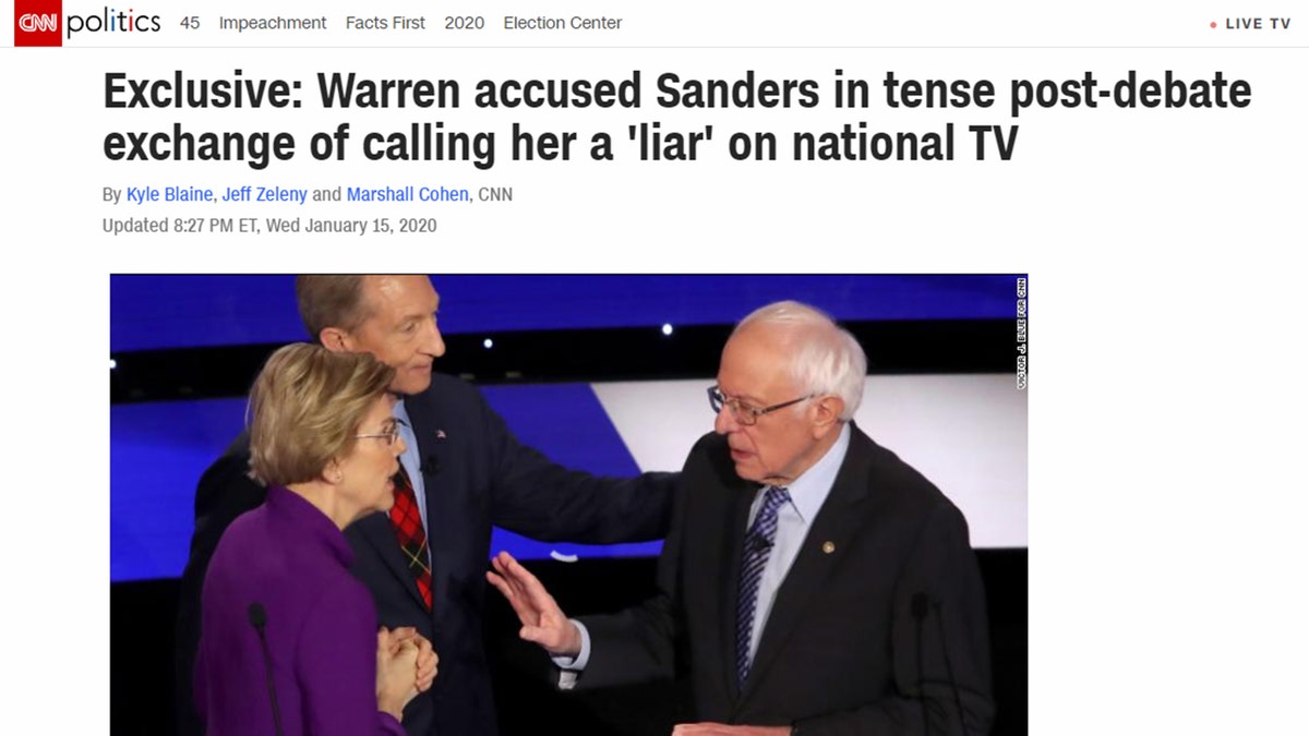 CNN’s website published a headline, “Warren accused Sanders in tense post-debate exchange of calling her a 'liar' on national TV,” but Sanders called Warren a liar, too.