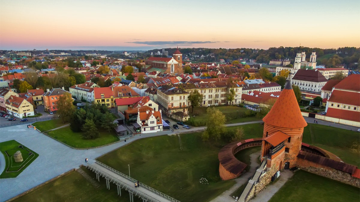 Kaunas, Lithuania: aerial top view of old town and castle in the autumn