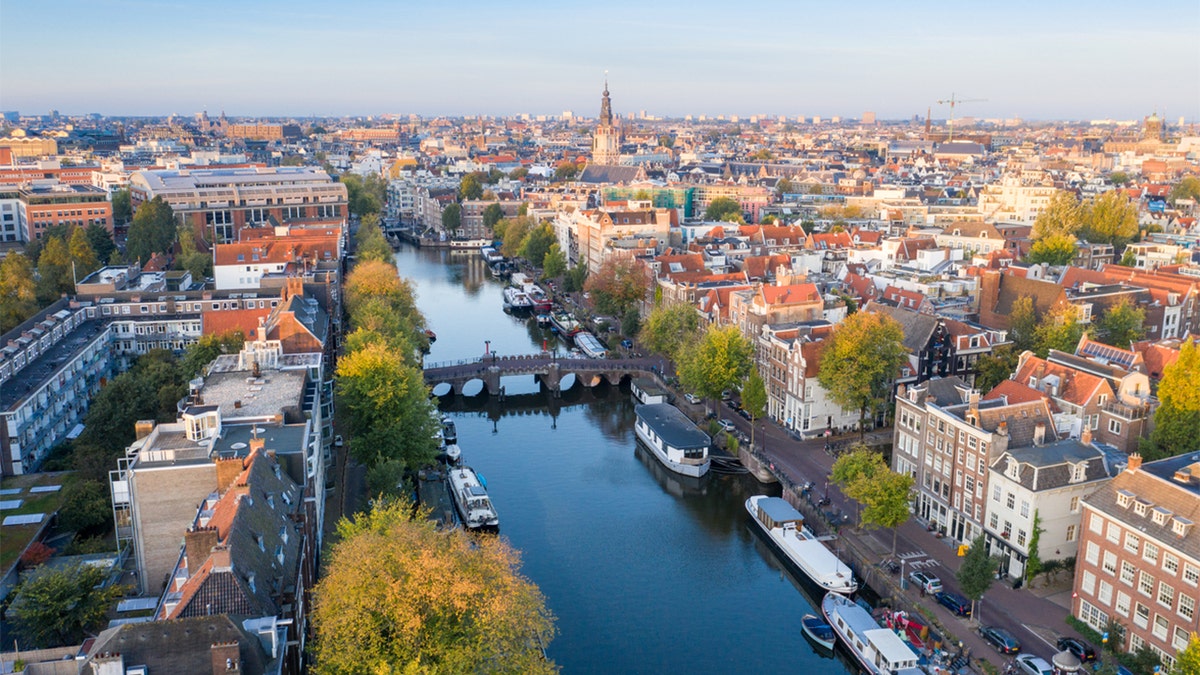 Panoramic aerial view of Amsterdam, Netherlands.