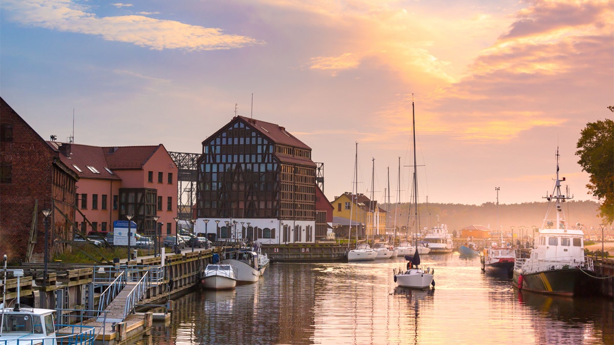Klaipeda, Lithuania, at dusk. Old Town and Dane river.