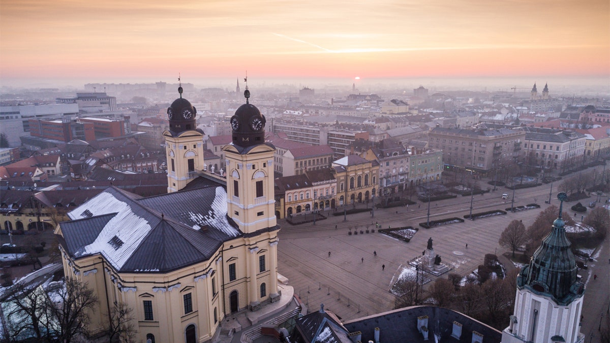 Aerial photo of Reformed Great Church in Debrecen city, Hungary