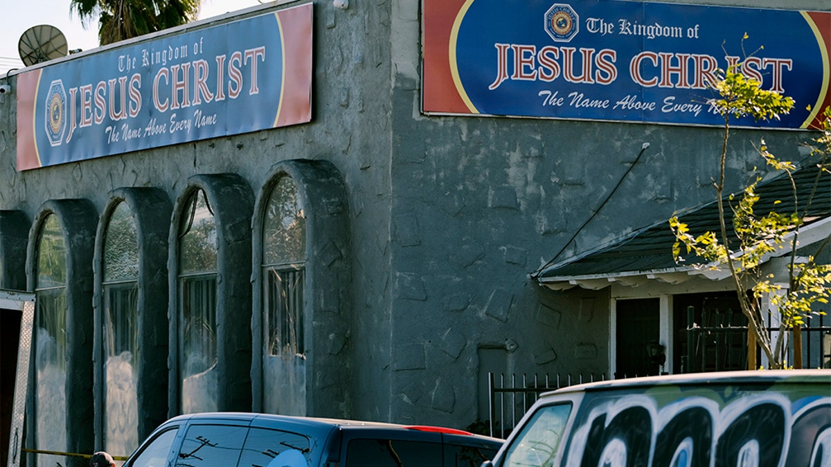 The front of the Kingdom of Jesus Christ Church is seen in the Van Nuys section of Los Angeles on Wednesday. (AP Photo/Richard Vogel)