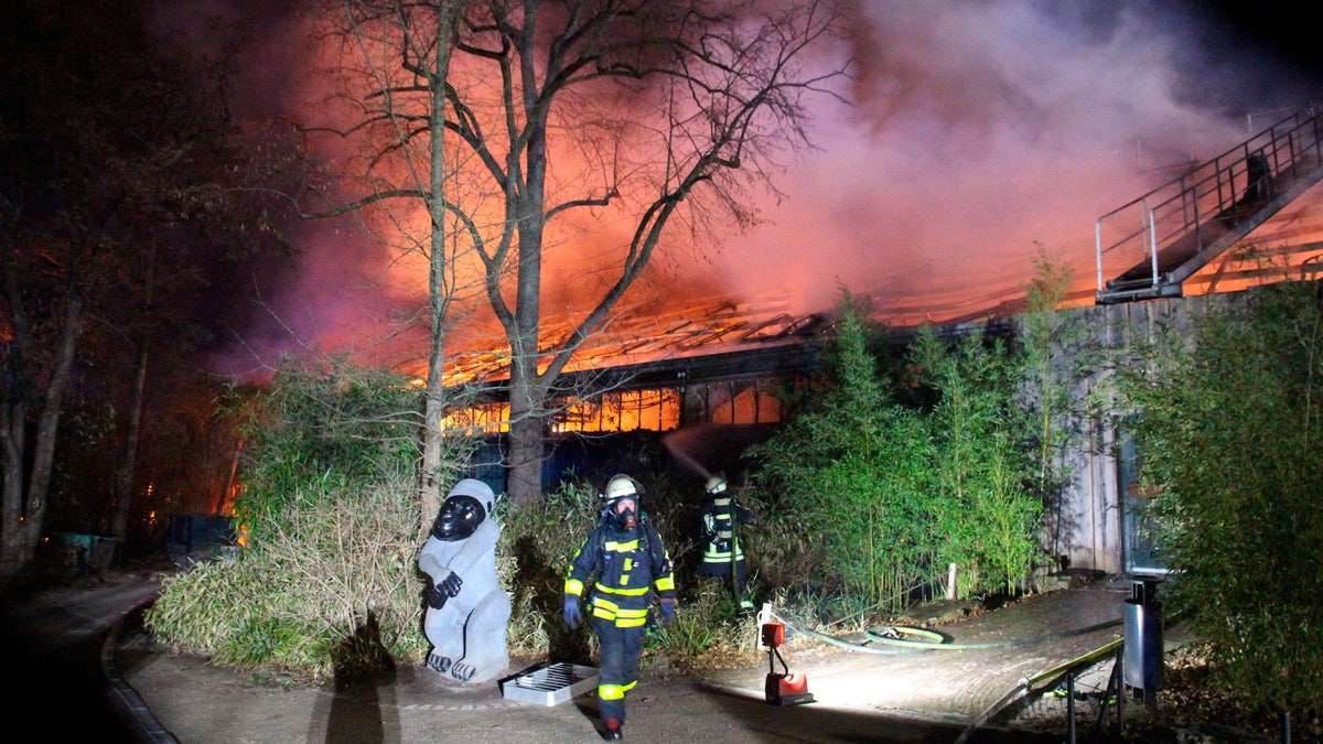 Firefighters stand in front of the burning monkey house at Krefeld Zoo, in Krefeld, Germany, Wednesday, Jan 1, 2020.