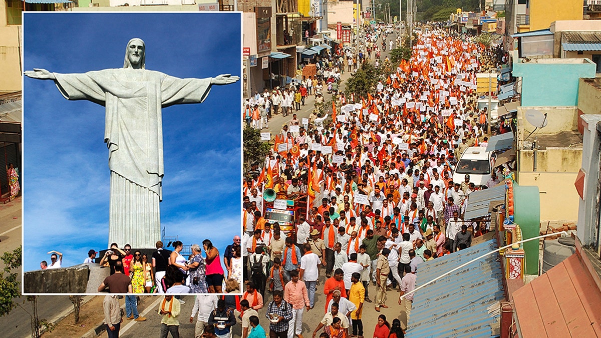 Hundreds of Hindu activists affiliated to India's ruling party rallied on January 13 to protest a planned Jesus statue that will rival Rio de Janeiro's Christ The Redeemer colossus for size. (Photo by STR/AFP via Getty Images)