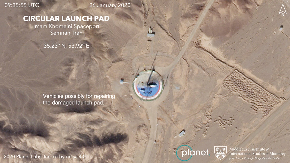 A second satellite image taken Sunday shows a circular launchpad and apparent work activity to repair the site. (Planet Labs Inc, Middlebury Institute of International Studies via AP)
