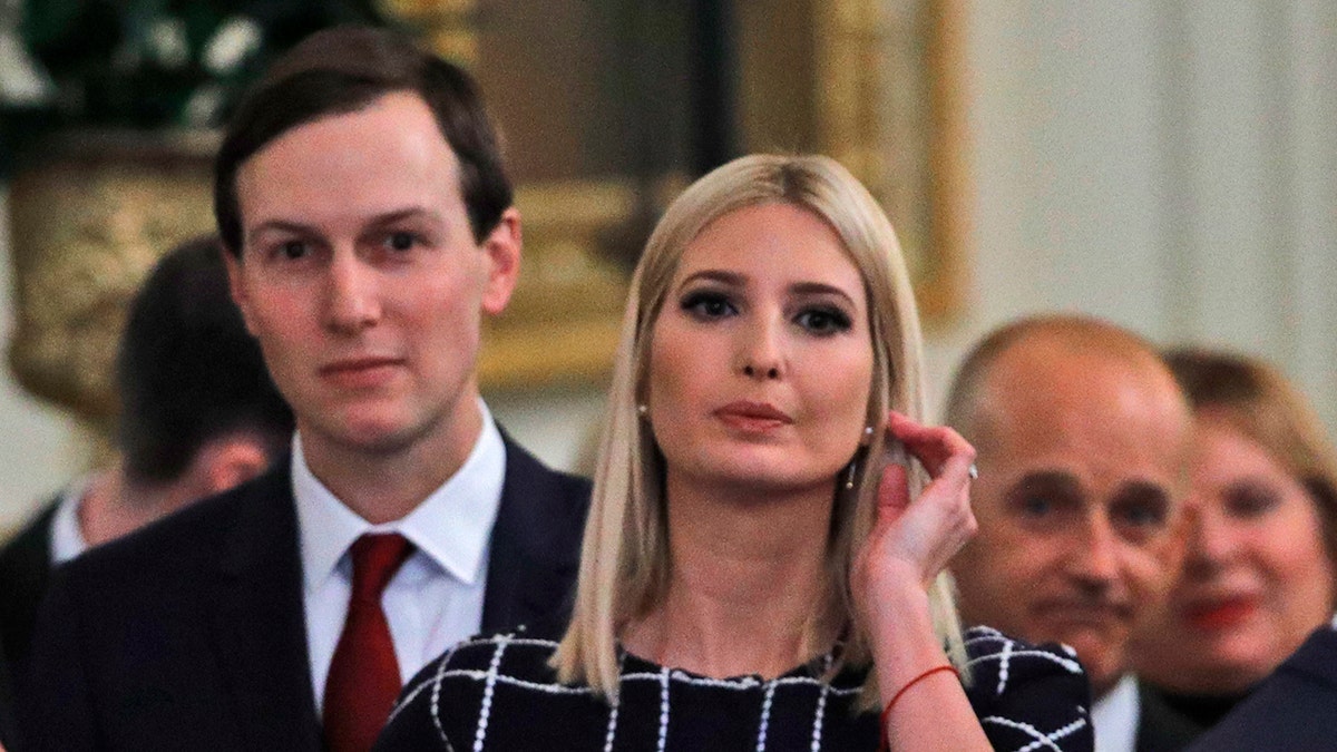 Senior advisers to the president, Ivanka Trump and Jared Kushner, in the East Room of the White House, Jan. 15, 2020, in Washington. (AP Photo/Steve Helber)