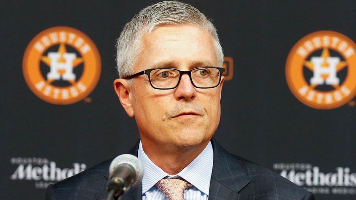 Jeff Luhnow, general manager and president of baseball operations for the Houston Astros addresses the media as he introduces players acquired at the trade deadline at Minute Maid Park on August 02, 2019, in Houston, Texas. (Photo by Bob Levey/Getty Images)
