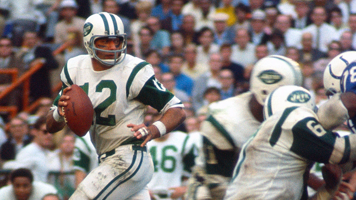 MIAMI, FL - JANUARY 12: Joe Namath #12 of the New York Jets drops back to pass against the Baltimore Colts during Super Bowl III at the Orange Bowl on January 12, 1969 in Miami, Florida. The Jets defeated the Colts 16-7. (Photo by Focus on Sport/Getty Images)