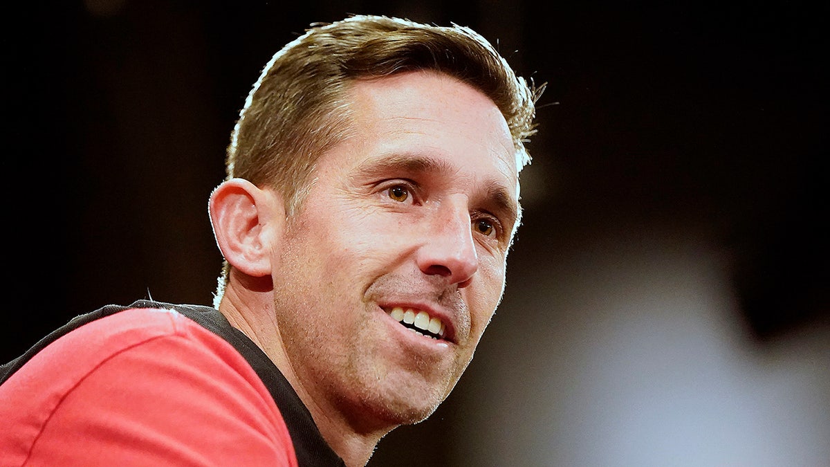 San Francisco 49ers head coach Kyle Shanahan speaks to reporters after a practice at the team's NFL football training facility in Santa Clara, Calif., (AP Photo/Tony Avelar)