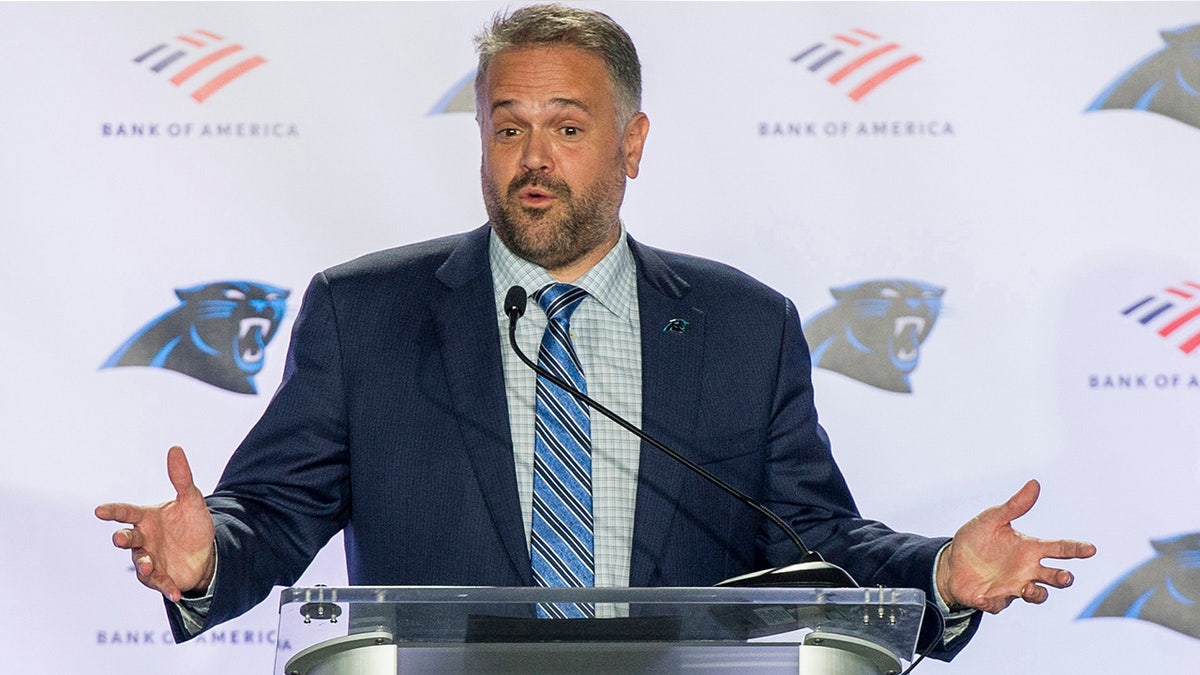 Carolina Panthers NFL football team new head coach Matt Rhule talks to the media during a news conference at the teams practice facility, Wednesday, Jan. 8, 2020, in Charlotte, N.C. (AP Photo/Mike McCarn)