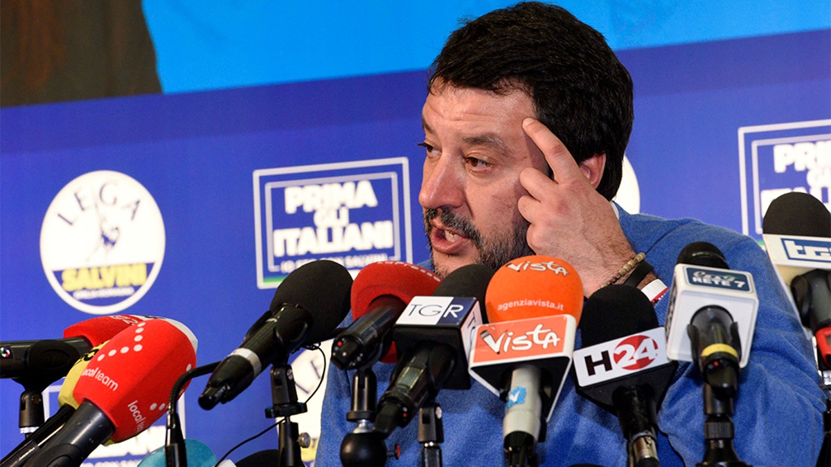 The League leader Matteo Salvini gives a press conference after polls closed in a regional election for the region of Emilia Romagna, in Bentivoglio, near Bologna, Italy, late Sunday. (Stefano Cavicchi/LaPresse via AP)