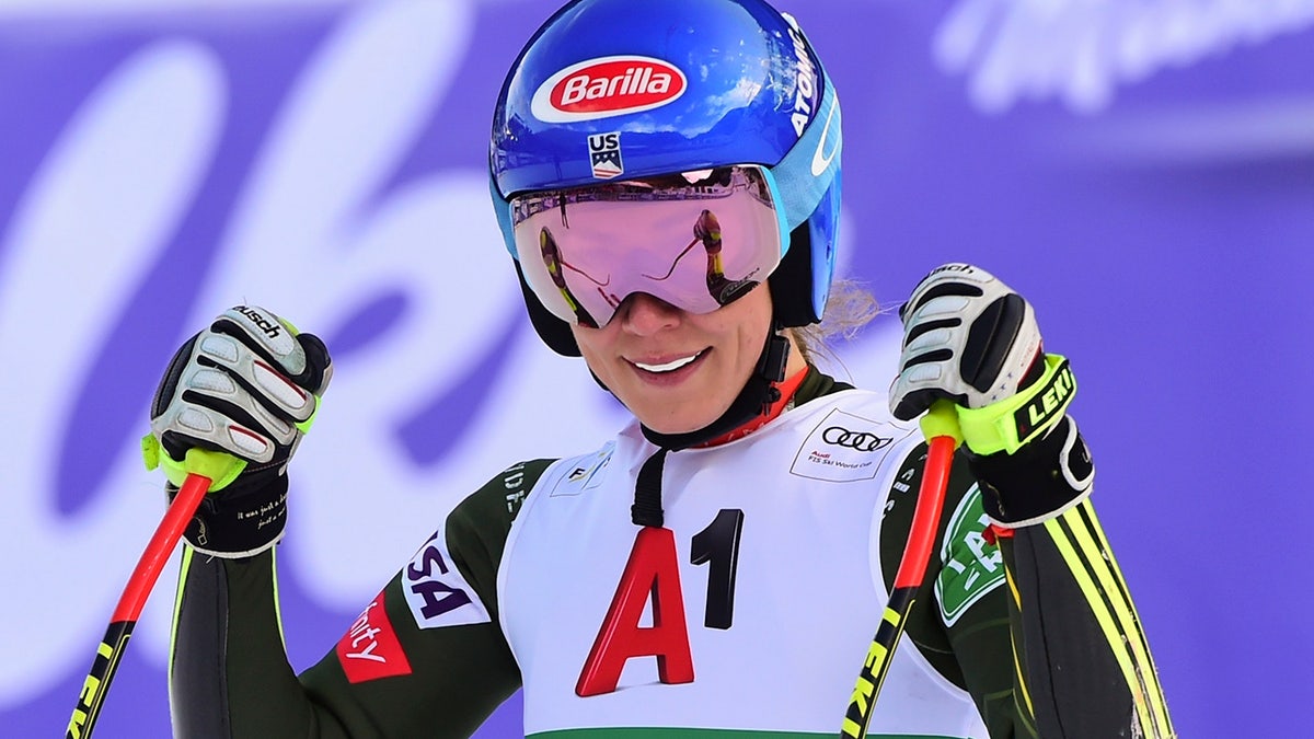 United States' Mikaela Shiffrin smiles as she gets to the finish area after completing an alpine ski, women's World Cup super-G, in Bansko, Bulgaria, Sunday, Jan. 26, 2020.