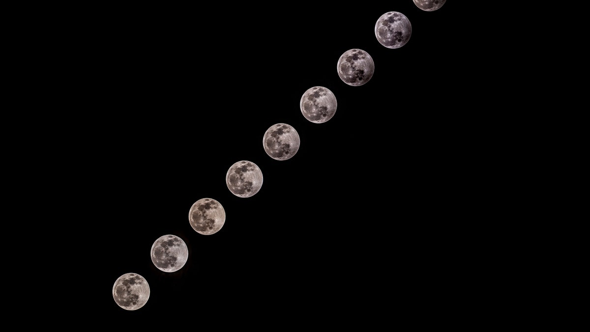 The composite image shows the progression of the Partial Lunar Eclipse in Ankara, Turkey on January 10, 2020. (Photo by Ali Balikci/Anadolu Agency via Getty Images)