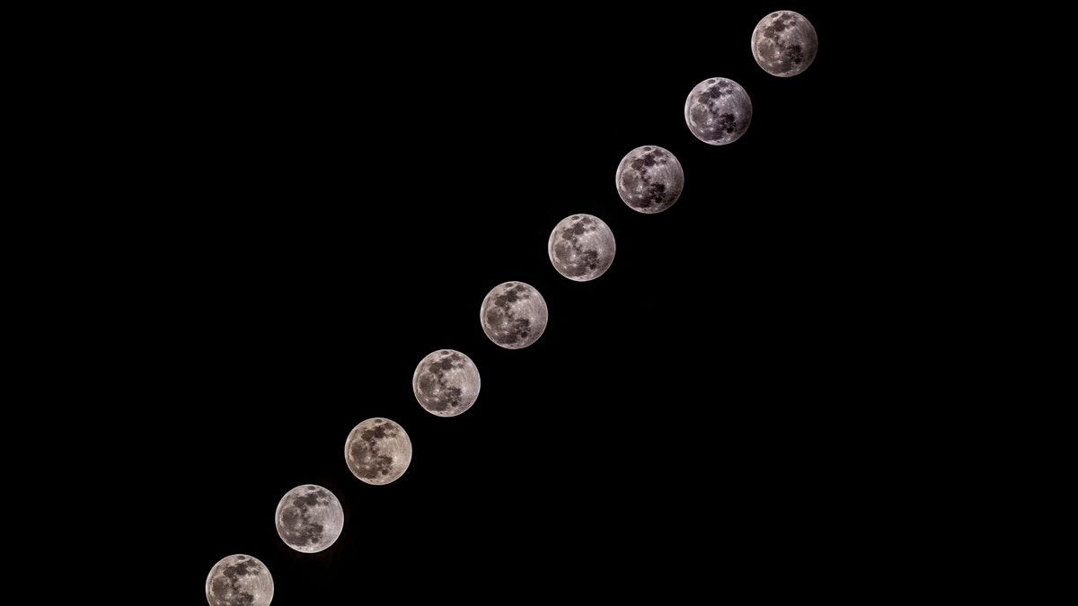 The composite image shows the progression of the Partial Lunar Eclipse in Ankara, Turkey on January 10, 2020. (Photo by Ali Balikci/Anadolu Agency via Getty Images)