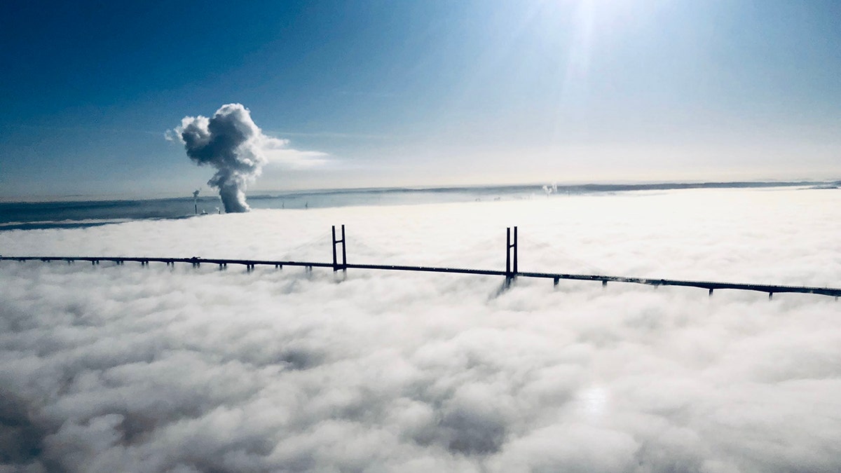 The Severn Bridge can be seen shrouded in fog on Tuesday morning.