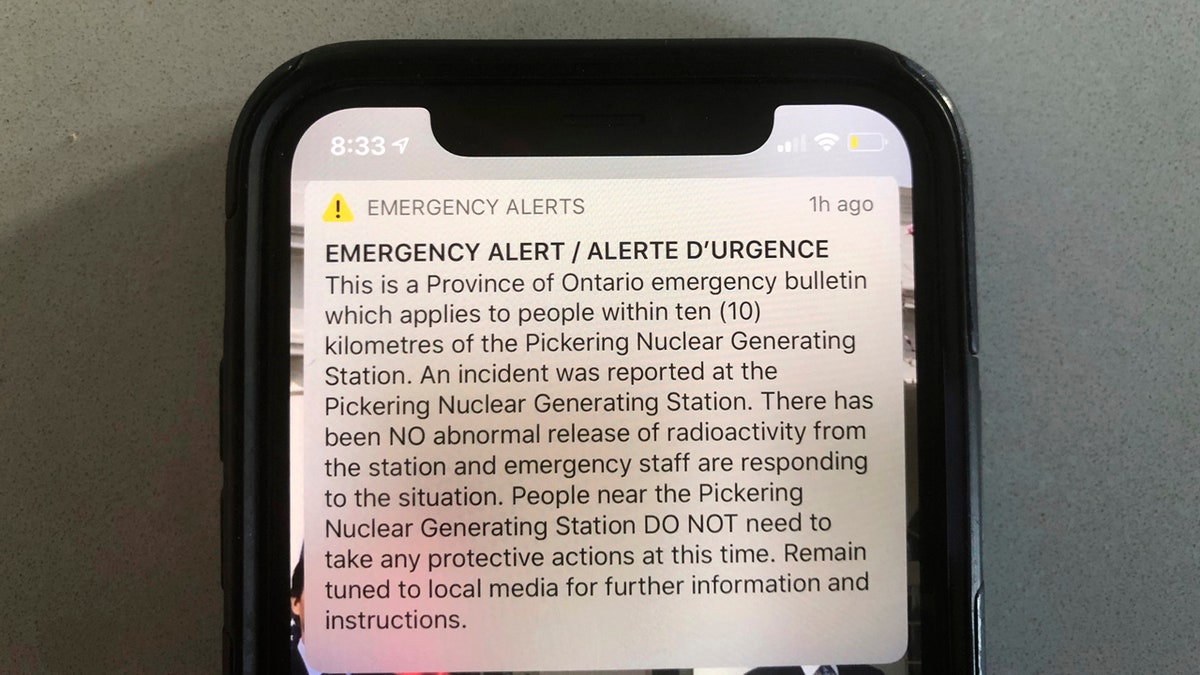 An emergency alert issued by the Canadian province of Ontario reporting an unspecified "incident" at a nuclear plant is shown on Sunday.