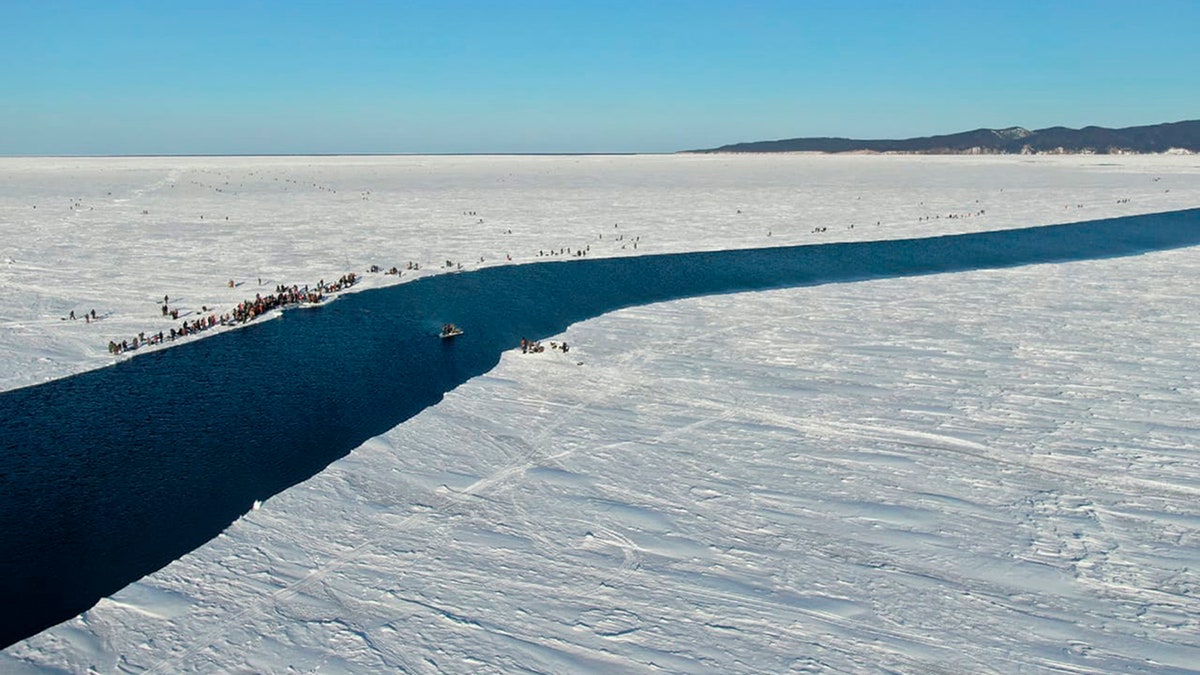 A group of fishermen in Russia use a smaller piece of ice as a raft trying to row to the coast, as the ice floe with stranded fishermen on them slowly drifted further away from the land in eastern Siberia, Russia.