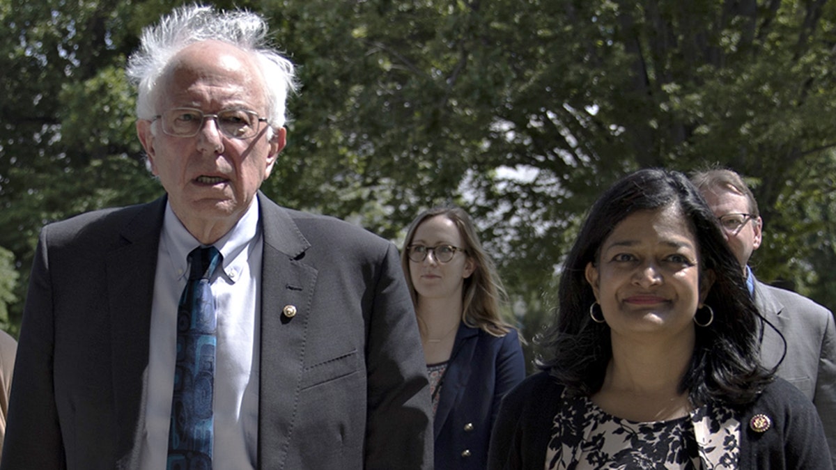 Sen. Bernie Sanders and Rep. Pramila Jayapal on Capitol Hill in June 2019.
