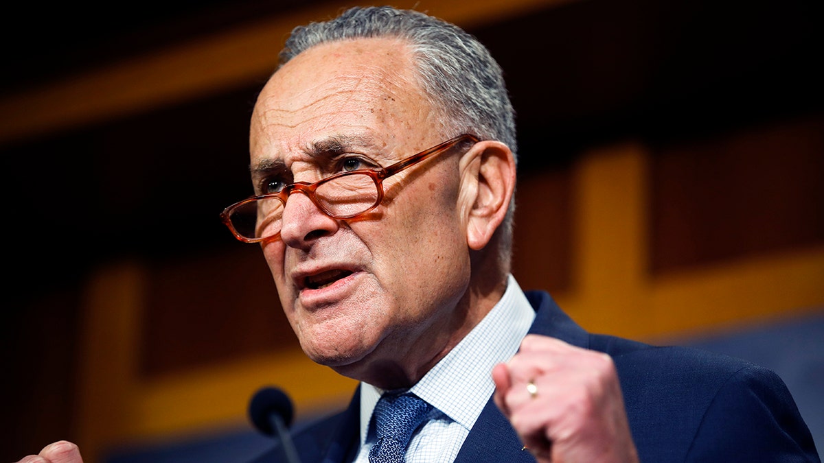 Democratic leader Sen. Chuck Schumer, D-N.Y., talk to reporters about the impeachment trial of President Donald Trump on charges of abuse of power and obstruction of Congress, at the Capitol in Washington, Thursday, Jan. 16, 2020. (AP Photo/Matt Rourke)