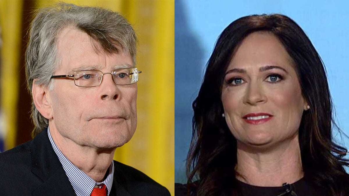 Stephen King, left, and fellow author Don Winslow tried to persuade White House press secretary Stephanie Grisham to hold a traditional press briefing at the White House.