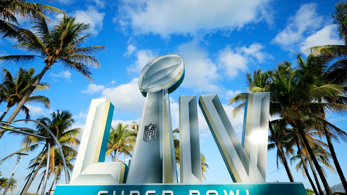Signage is displayed near the FOX Sports South Beach studio compound prior to Super Bowl LIV on January 25, 2020 in Miami Beach, Florida. The San Francisco 49ers will face the Kansas City Chiefs in the 54th playing of the Super Bowl, Sunday February 2nd.