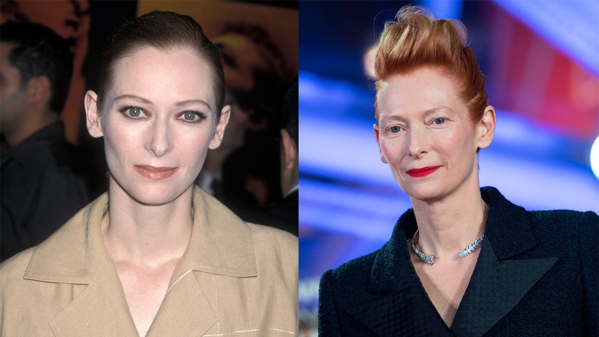 Tilda Swinton at "The Beach" premiere (left) and at the Marrakech International Film Festival in December 2019 (right).