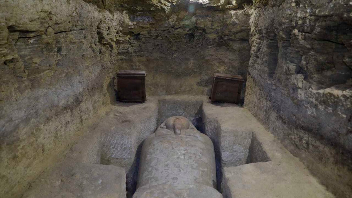This photo provided by Egypt's antiquities ministry, shows one of sarcophagi discovered in the village of Tuna al-Gabal, near the Nile Valley city of Minya.