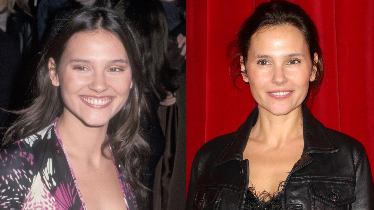 Virginie Ledoyen at the premiere of "The Beach" (left) and at Paris Fashion Week 2020 (right).