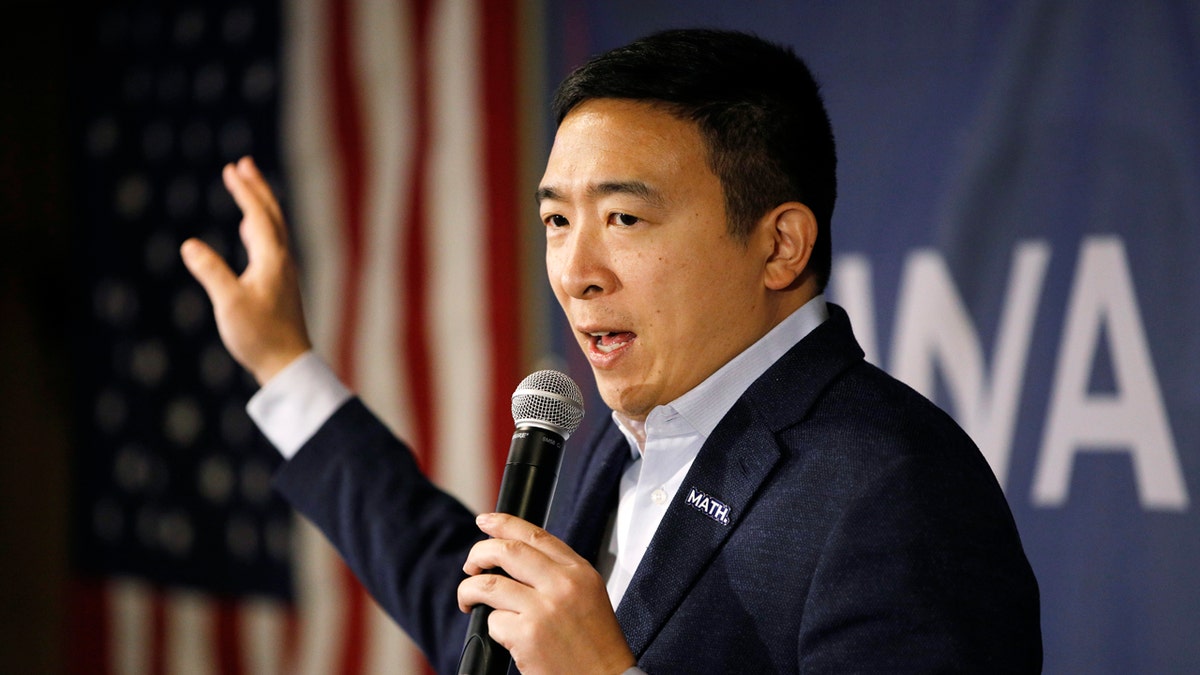 Democratic presidential candidate entrepreneur Andrew Yang speaks at a campaign event at a bar Wednesday, Jan. 22, 2020, in Waukon, Iowa. (AP Photo/John Locher)