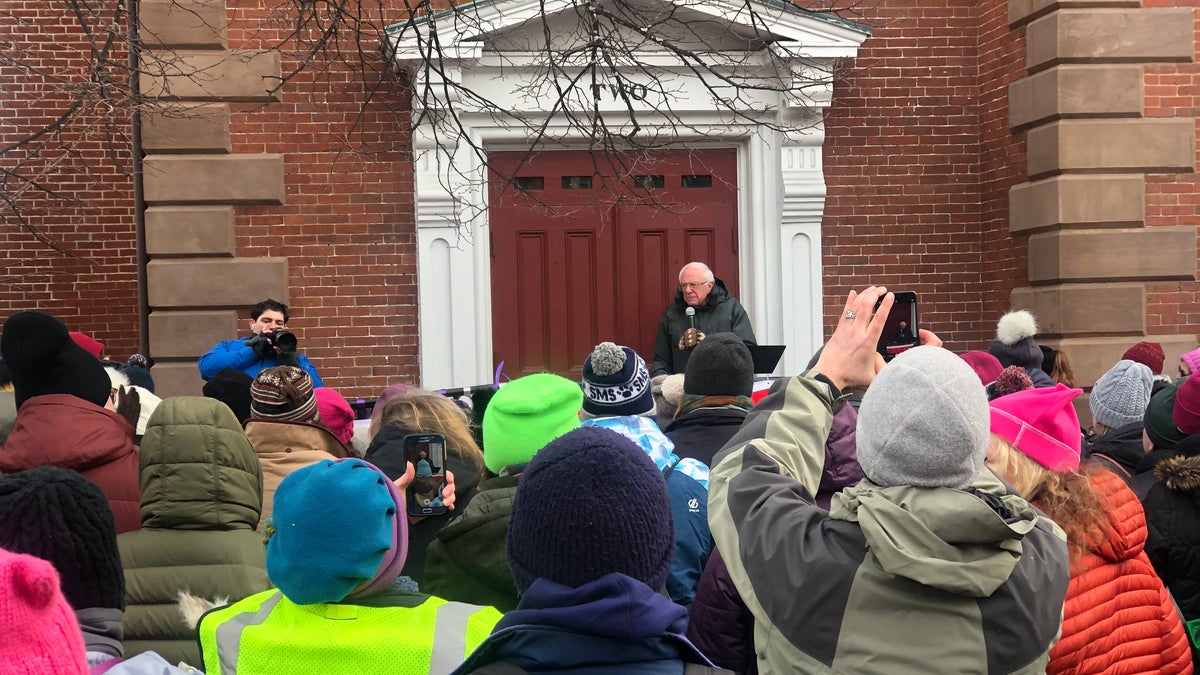 Democratic presidential candidate Sen. Bernie Sanders of Vermont speaks to the crowd ahead of a Portsmouth Women's March in Portsmouth, NH on Jan. 18, 2020