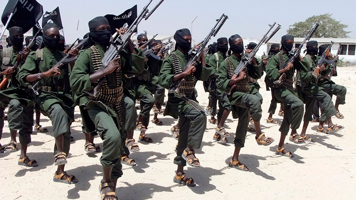 Hundreds of newly trained al-Shabab fighters perform military exercises near Mogadishu, in Somalia, in 2011.